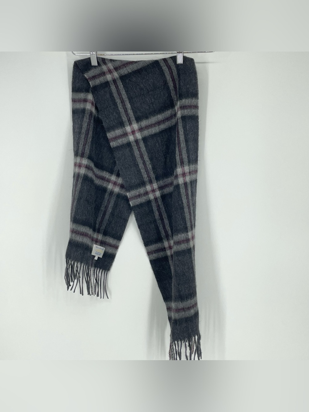 Edinburgh Vintage Check Wool Lambswool Fringed Scarf gray 56”